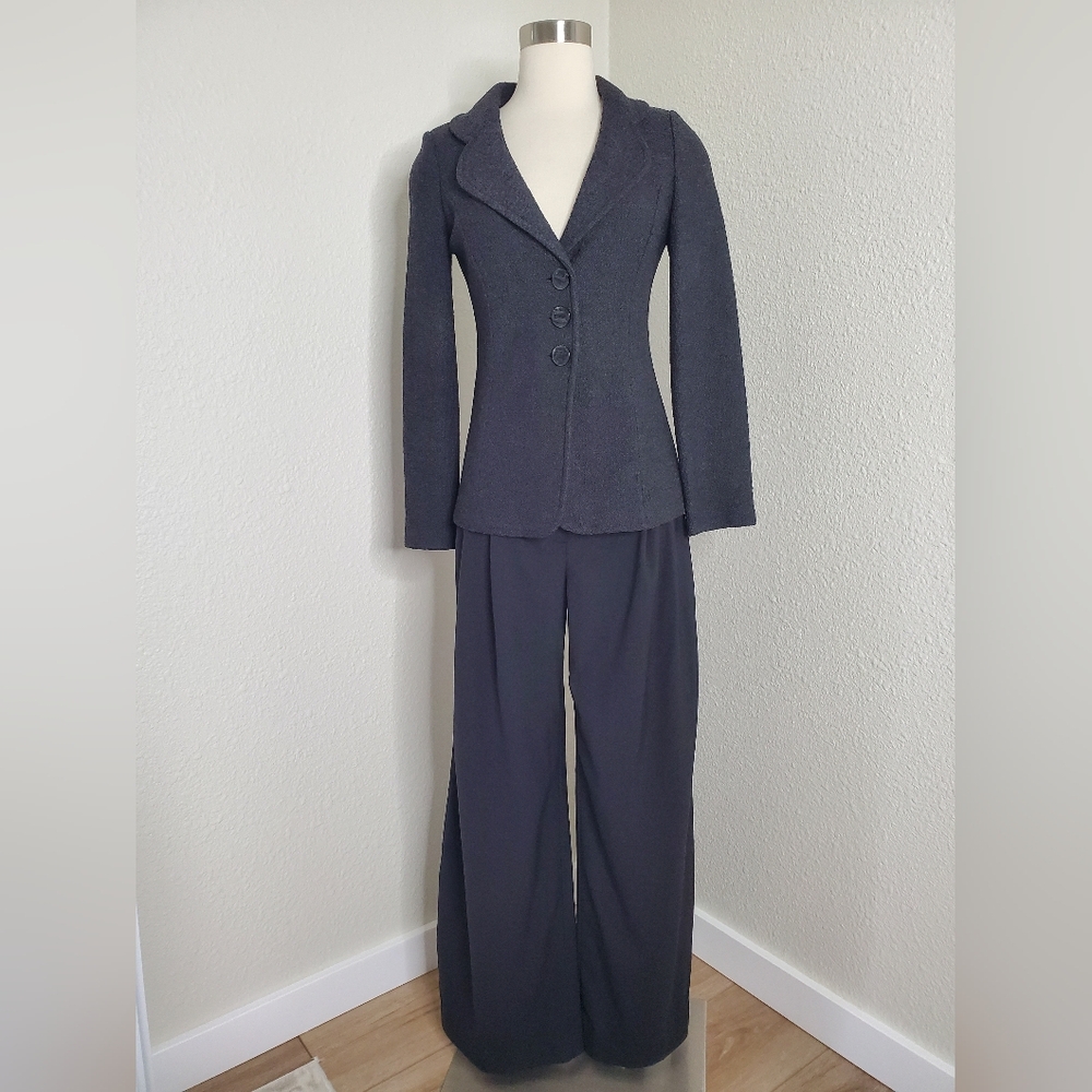 St. John Black Label Dark Grey Suit Jacket Pants Belt Set Womens Size 2